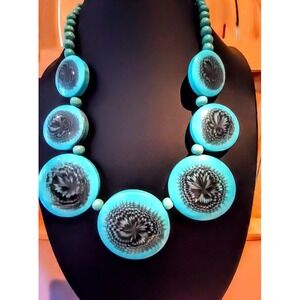 Turquoise Blue Resin Sunburst Statement Necklace and Earring Set Bib Style 23"